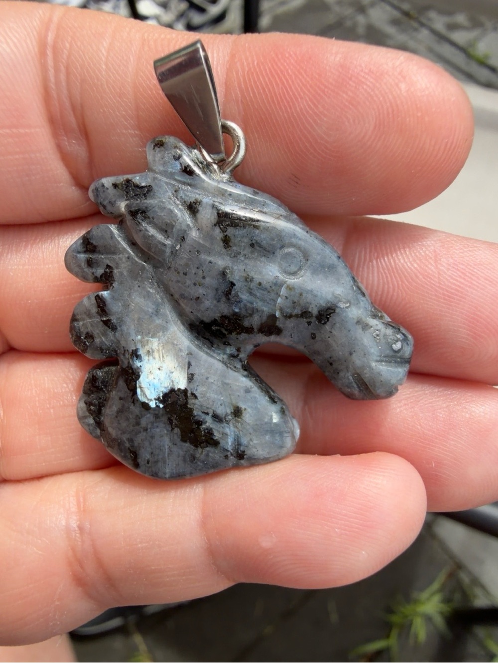 Labradorite Hand-Carved Horse Head Pendant, Blue Flash Equestrian Jewelry - Picture 2 of 3